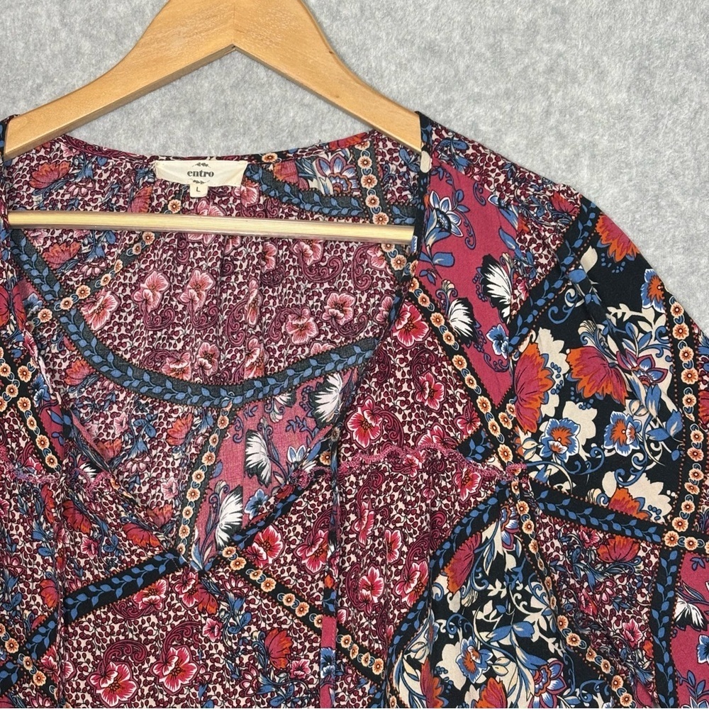 Entro Floral With Bell Sleeves Blouse Top-Red/Blue-Women Size Large